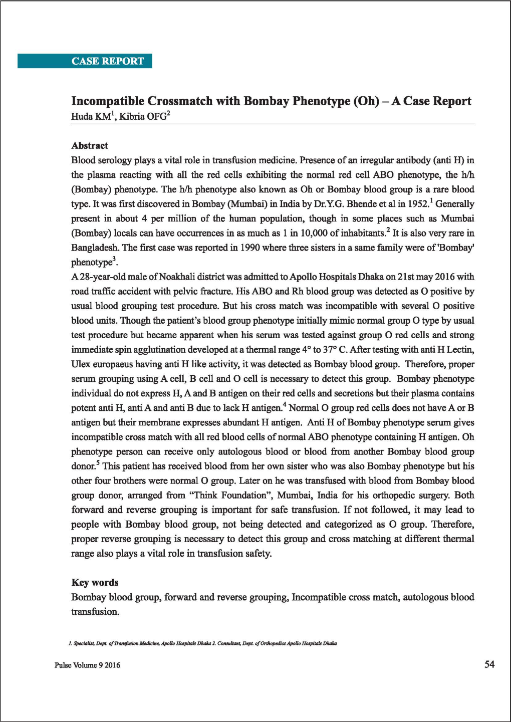 Incompatible Crossmatch with Bombay Phenotype (Ob) - a Case Report Huda KM\ Kibria OFG2