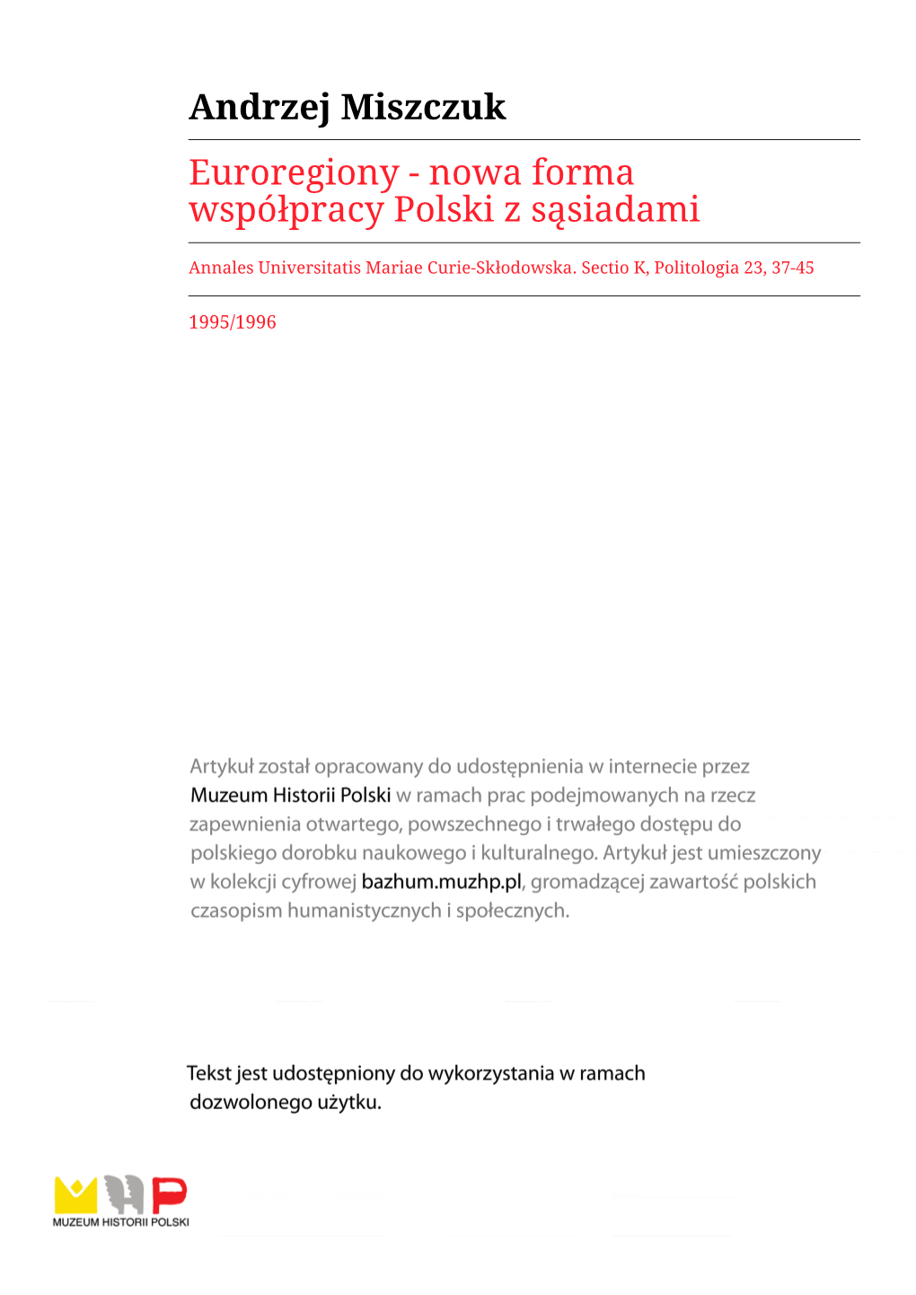 Andrzej Miszczuk Euroregiony - Nowa Forma Współpracy Polski Z Sąsiadami