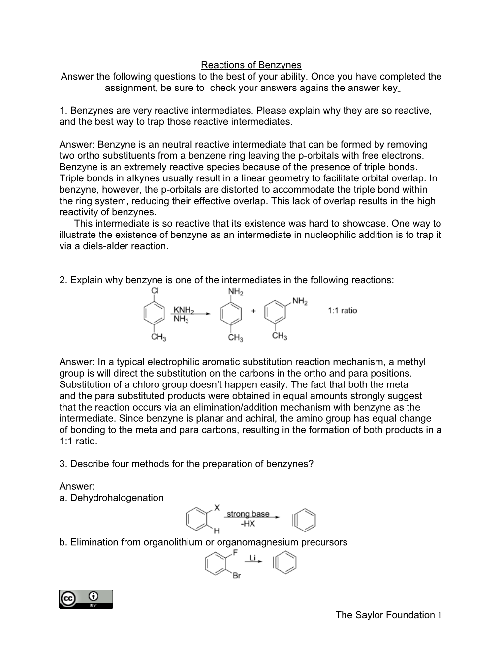 Reactions of Benzynes Answer the Following Questions to the Best of Your Ability