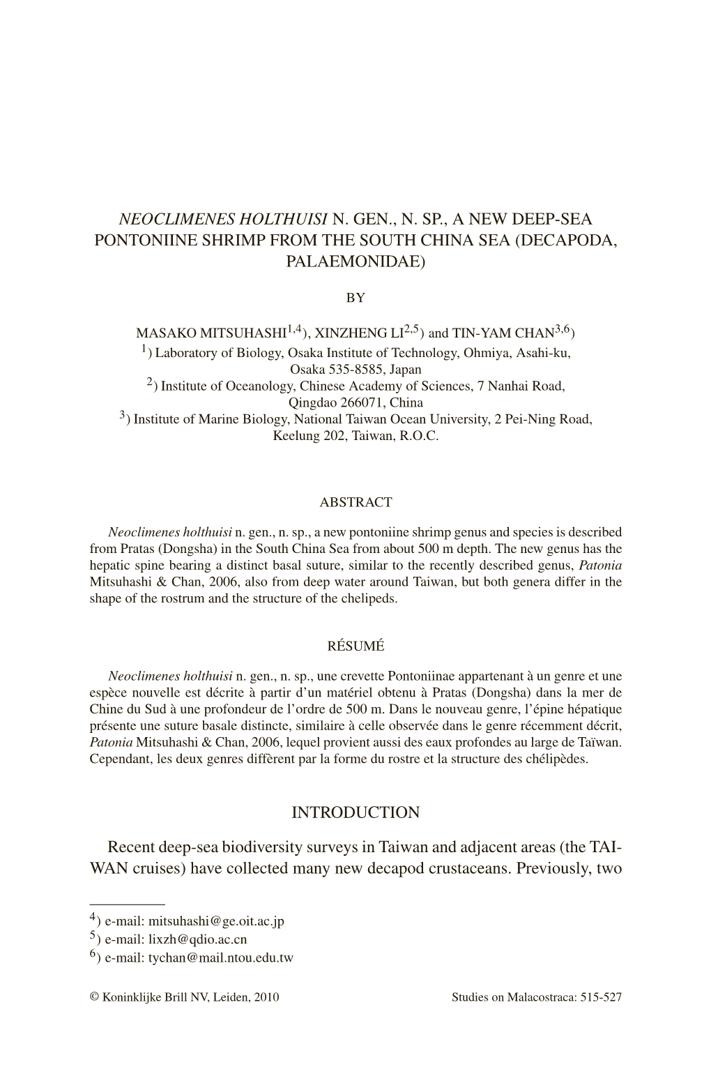 Neoclimenes Holthuisi N. Gen., N. Sp., a New Deep-Sea Pontoniine Shrimp from the South China Sea (Decapoda, Palaemonidae)