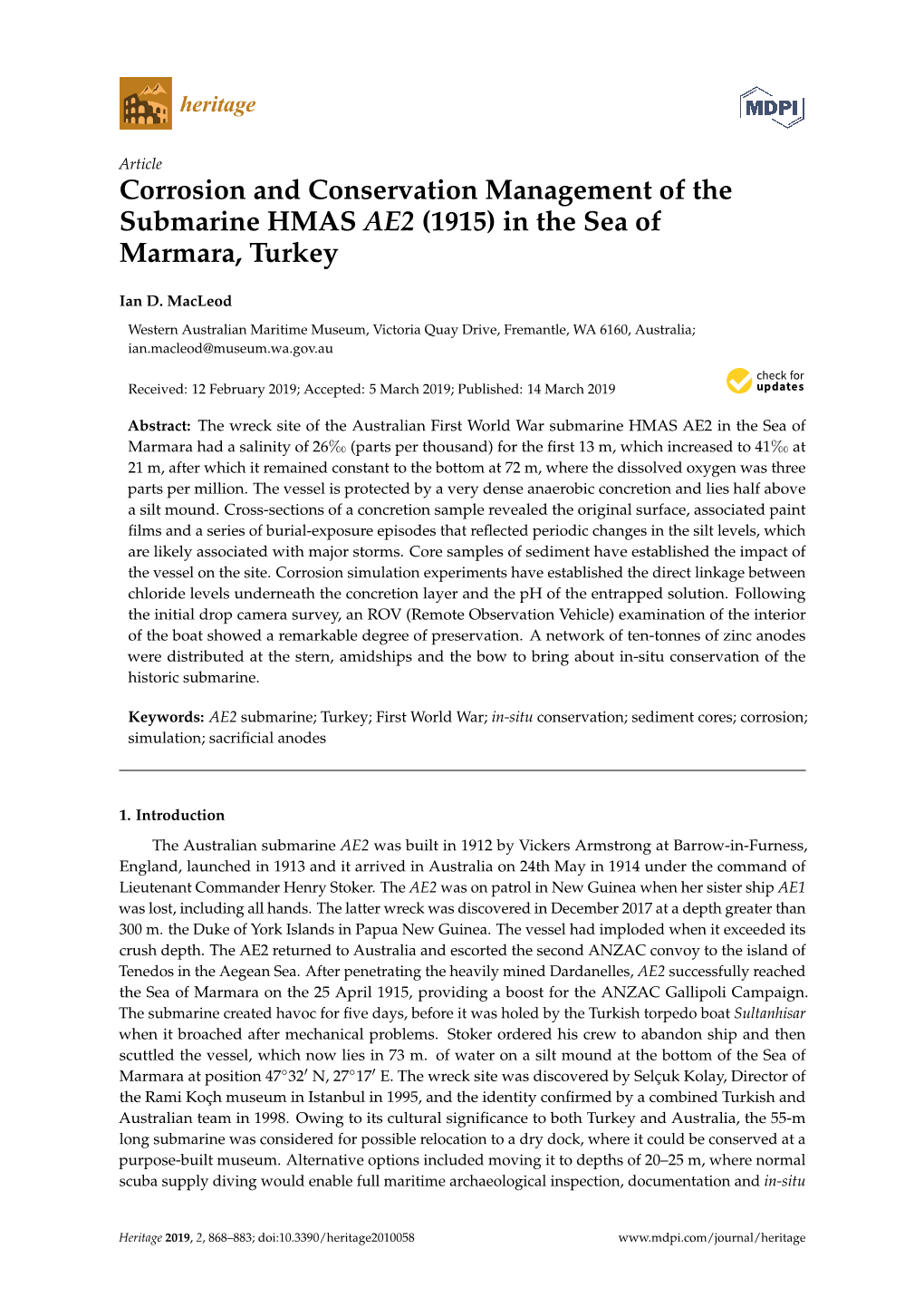 Corrosion and Conservation Management of the Submarine HMAS AE2 (1915) in the Sea of Marmara, Turkey