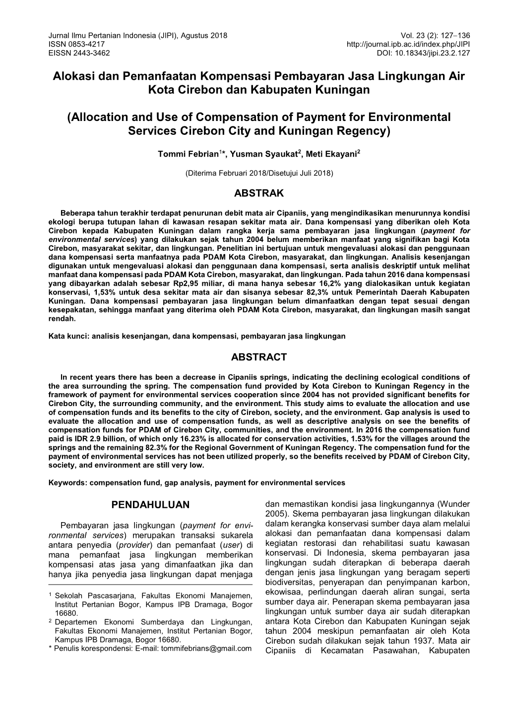 Alokasi Dan Pemanfaatan Kompensasi Pembayaran Jasa Lingkungan Air Kota Cirebon Dan Kabupaten Kuningan