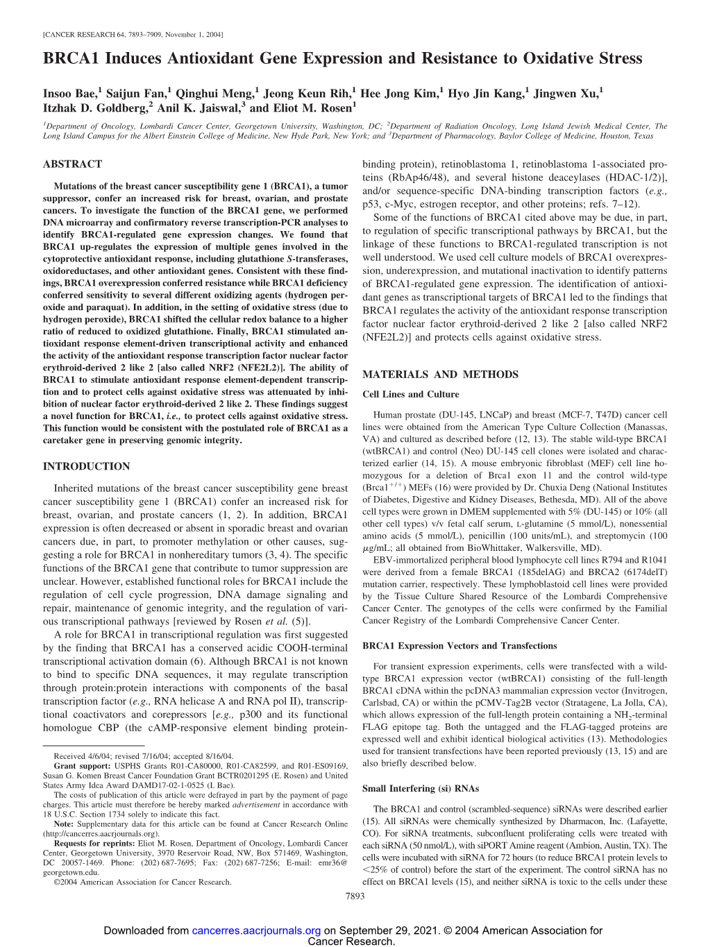 BRCA1 Induces Antioxidant Gene Expression and Resistance to Oxidative Stress