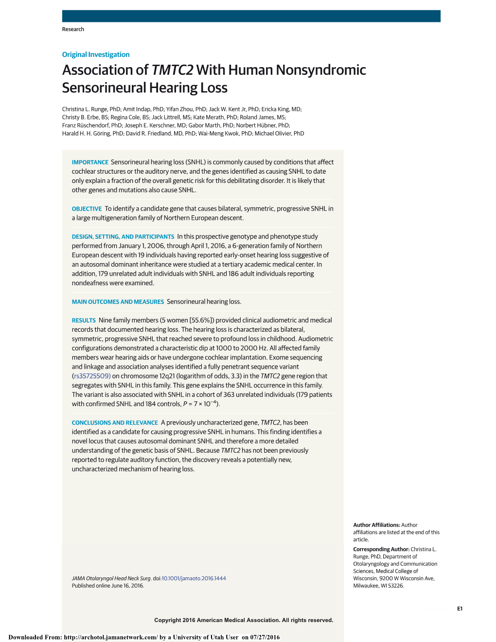 Association of TMTC2 with Human Nonsyndromic Sensorineural Hearing Loss