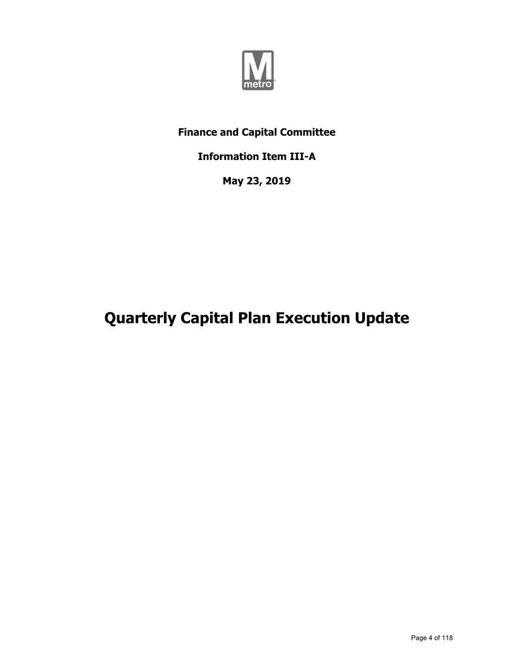 Quarterly Capital Plan Execution Update