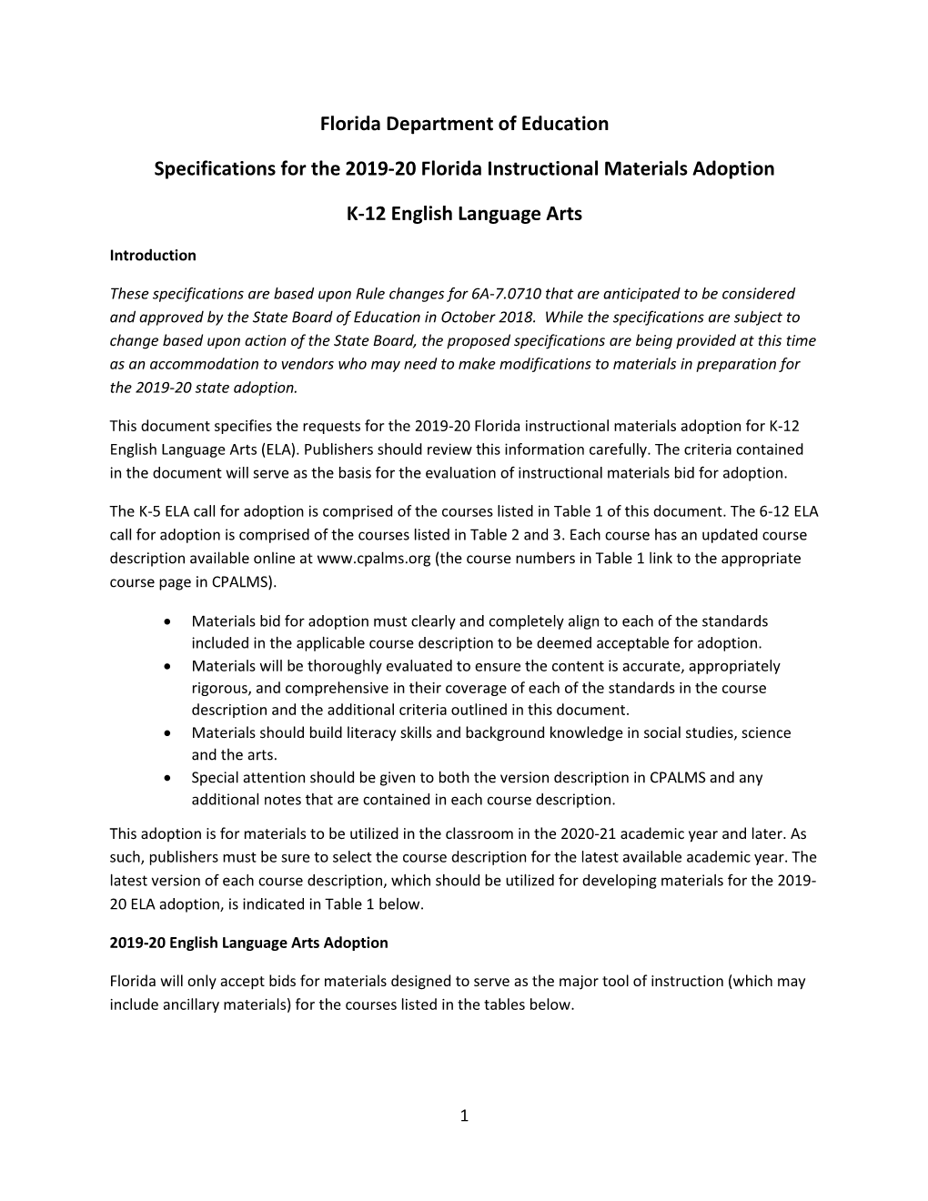 Florida Department of Education Specifications for the 2019-20