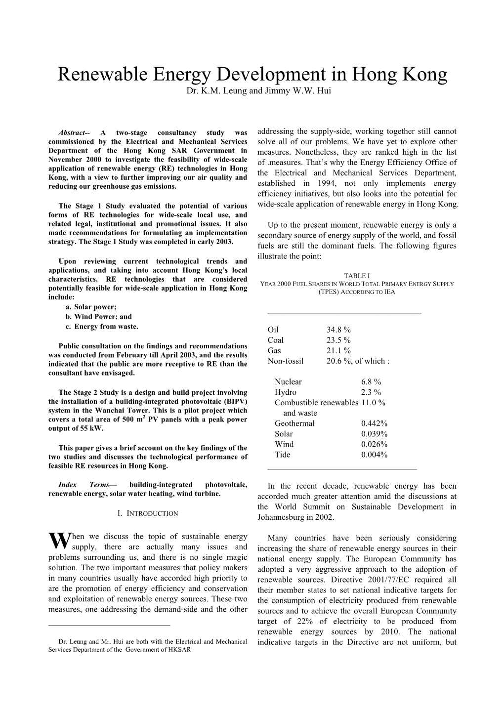 Renewable Energy Development in Hong Kong Dr