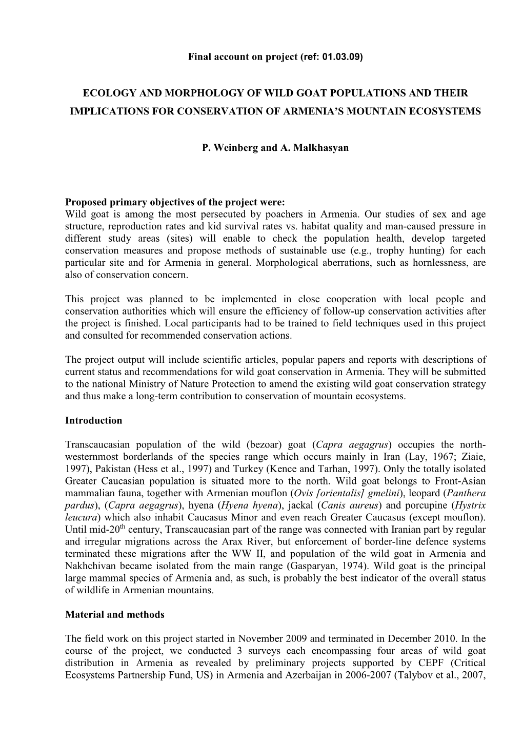 Ecology and Morphology of Wild Goat Populations and Their Implications for Conservation of Armenia’S Mountain Ecosystems