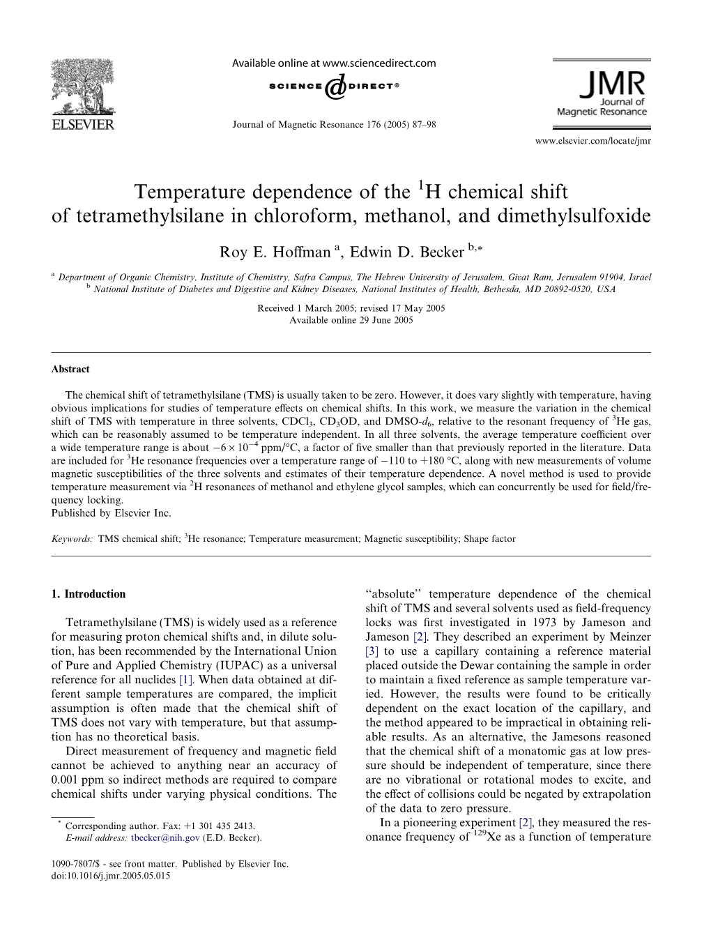 H Chemical Shift of Tetramethylsilane in Chloroform, Methanol, and Dimethylsulfoxide