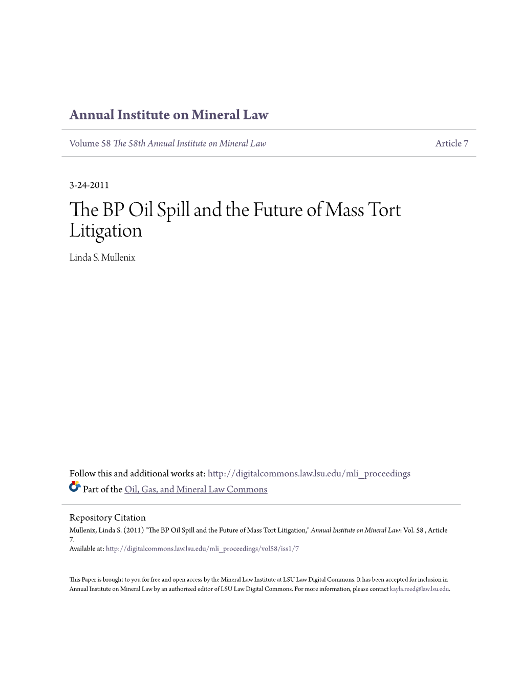 The BP Oil Spill and the Future of Mass Tort Litigation Linda S