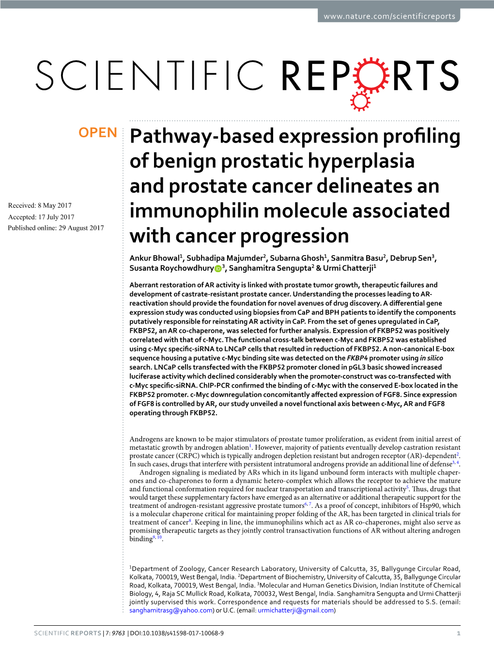 Pathway-Based Expression Profiling of Benign Prostatic Hyperplasia and Prostate Cancer Delineates an Immunophilin Molecule Assoc