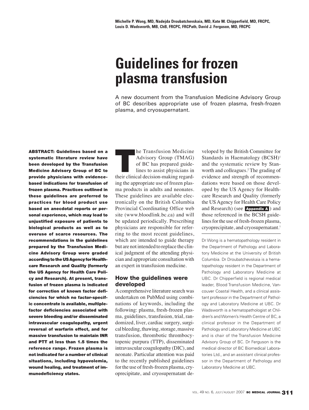 Guidelines for Frozen Plasma Transfusion