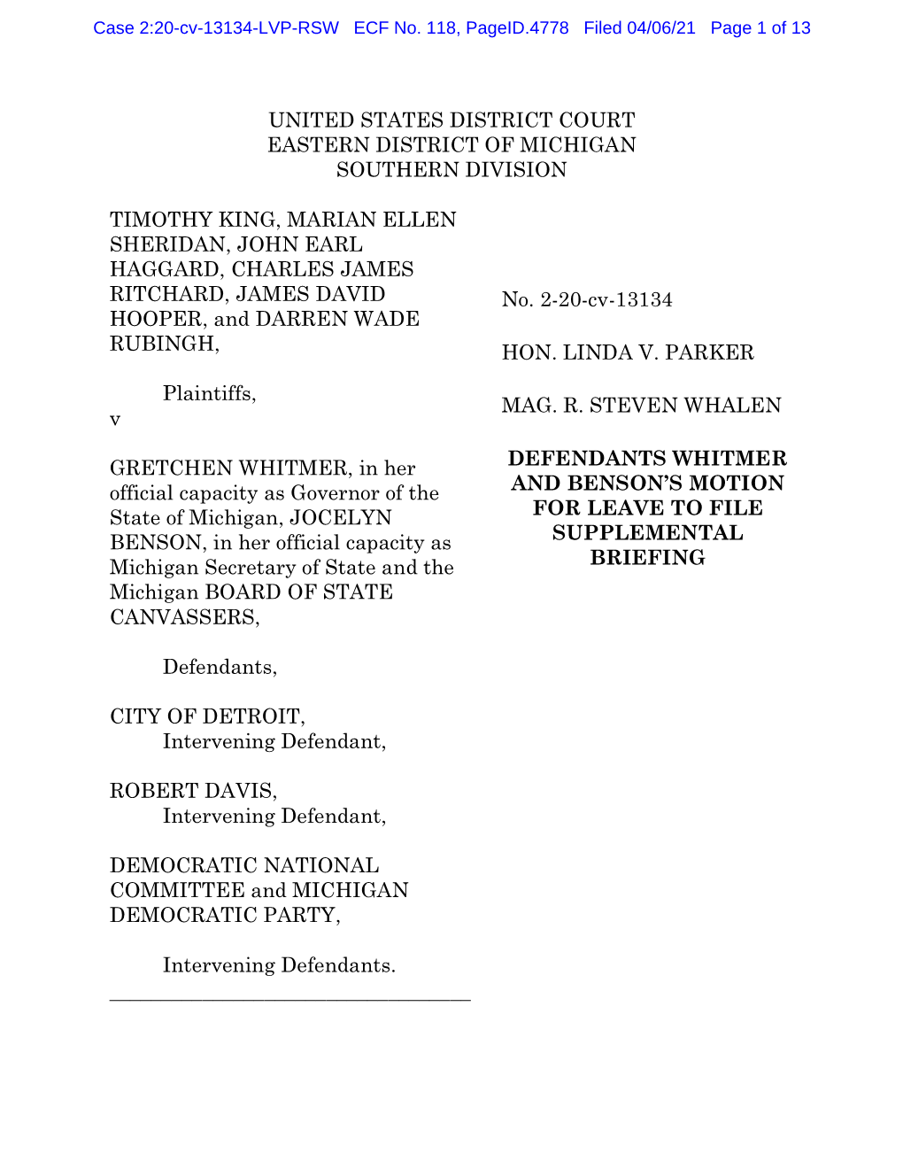 Case 2:20-Cv-13134-LVP-RSW ECF No. 118, Pageid.4778 Filed 04/06/21 Page 1 of 13