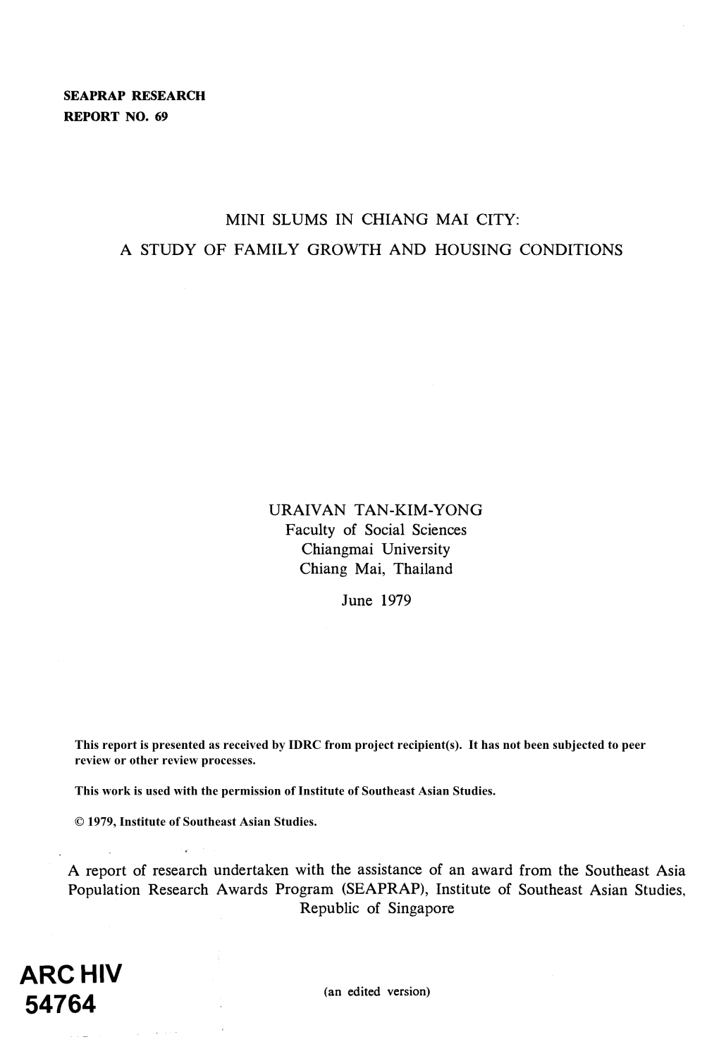 Mini Slums in Chiang Mai City: a Study of Family Growth and Housing Conditions