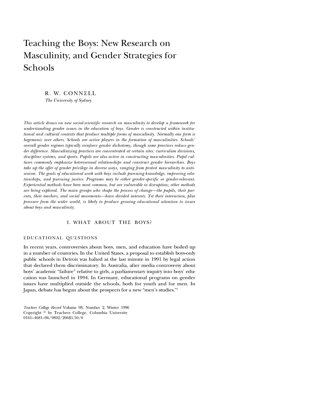 Teaching the Boys: New Research on Masculinity, and Gender Strategies for Schools