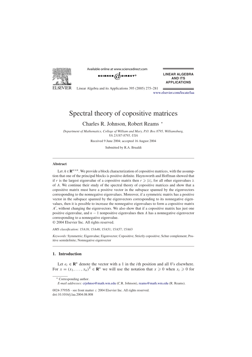 Spectral Theory of Copositive Matrices Charles R