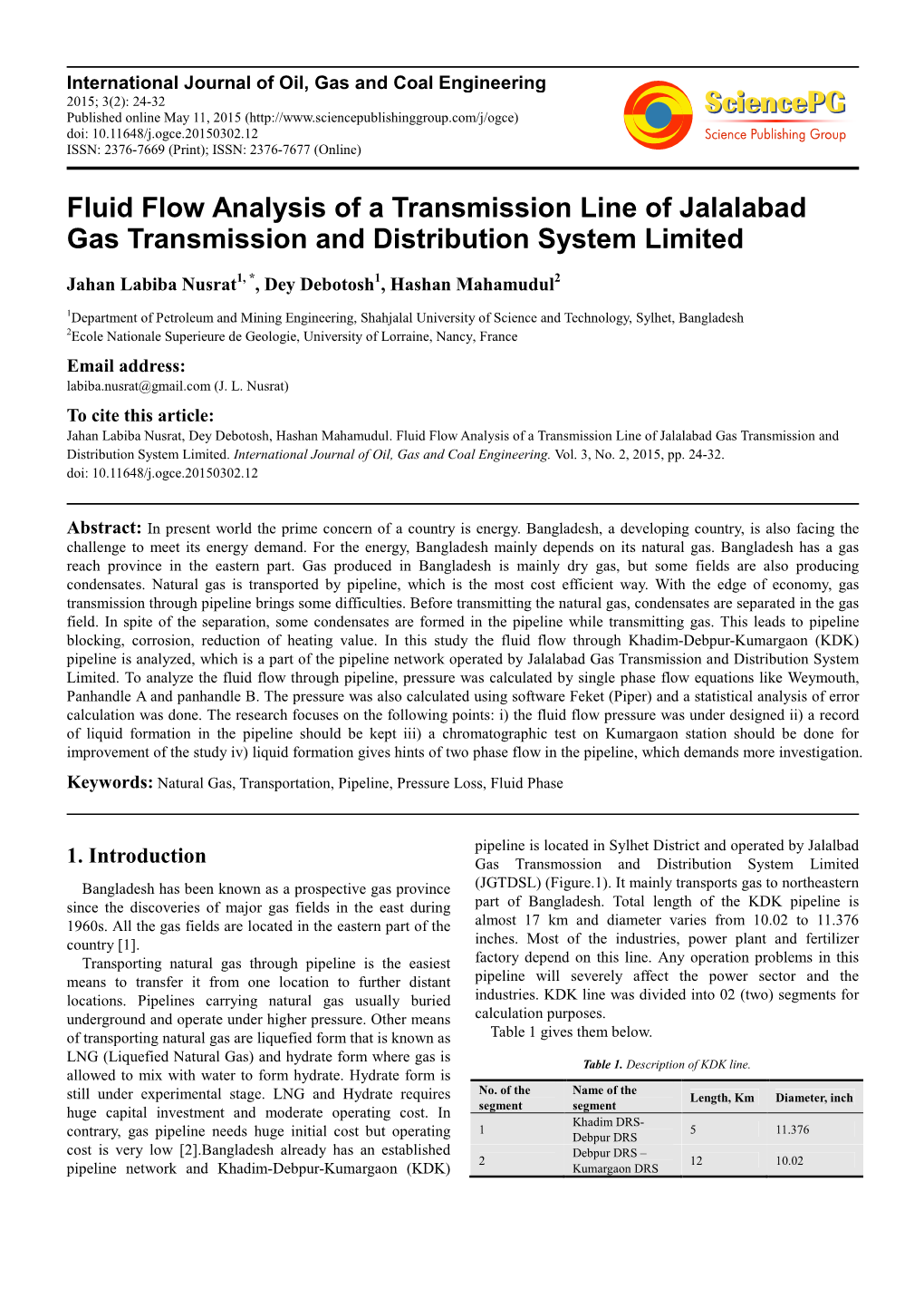 Fluid Flow Analysis of a Transmission Line of Jalalabad Gas Transmission and Distribution System Limited