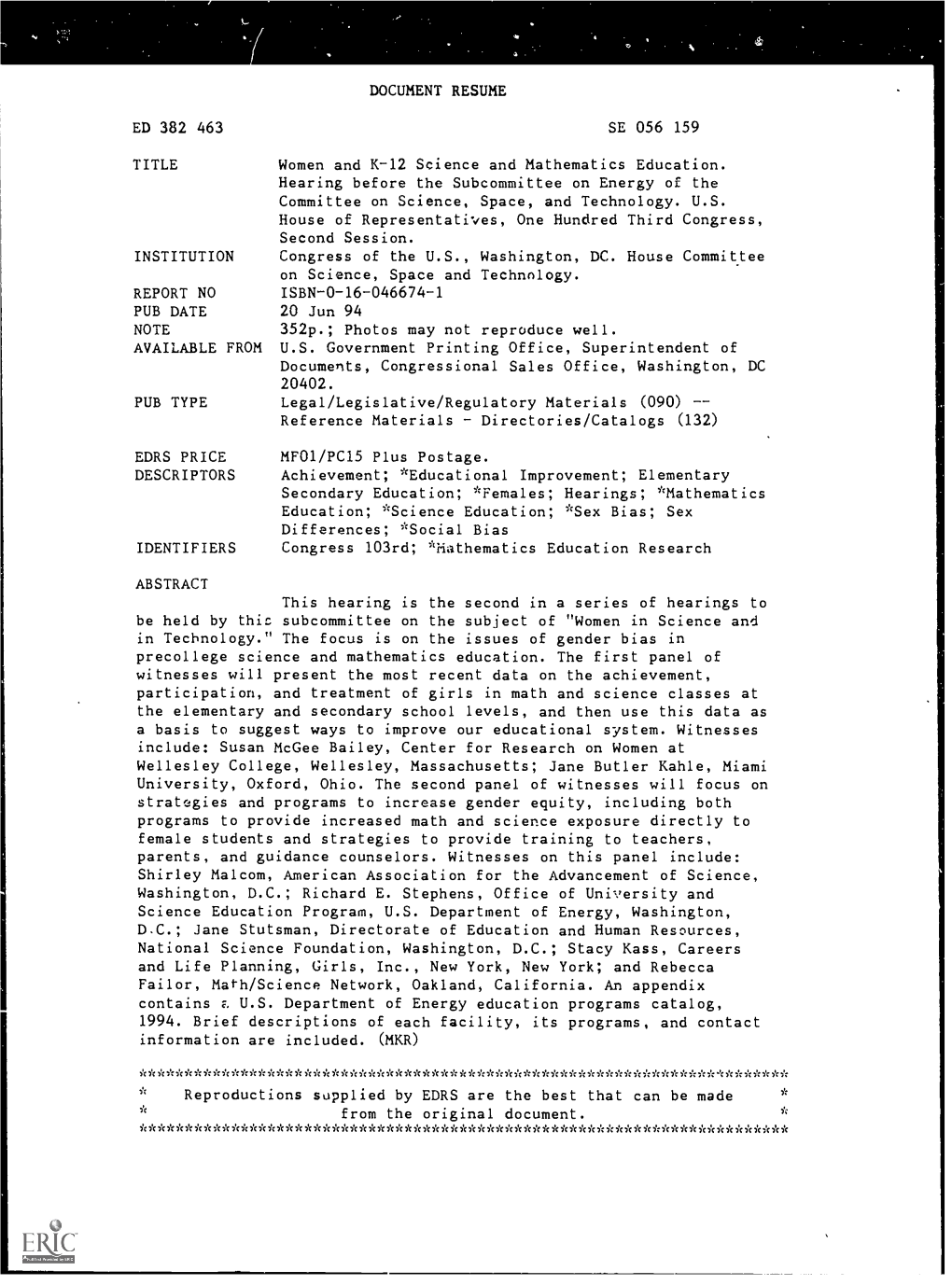 DOCUMENT RESUME ED 382 463 SE 056 159 TITLE Women and K