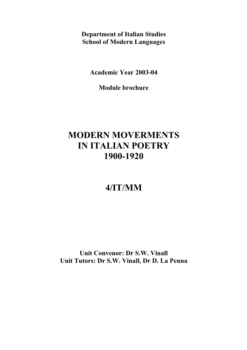 Modern Moverments in Italian Poetry 1900-1920 4/It/Mm