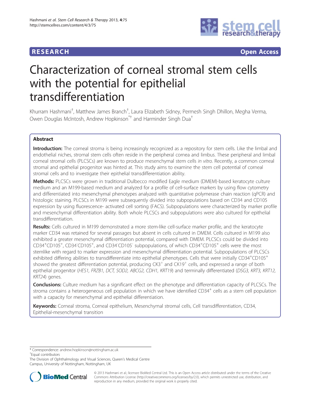 Characterization of Corneal Stromal Stem Cells with the Potential For