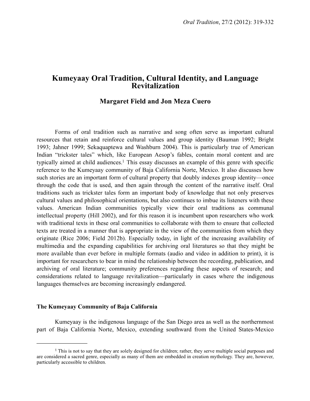 Kumeyaay Oral Tradition, Cultural Identity, and Language Revitalization