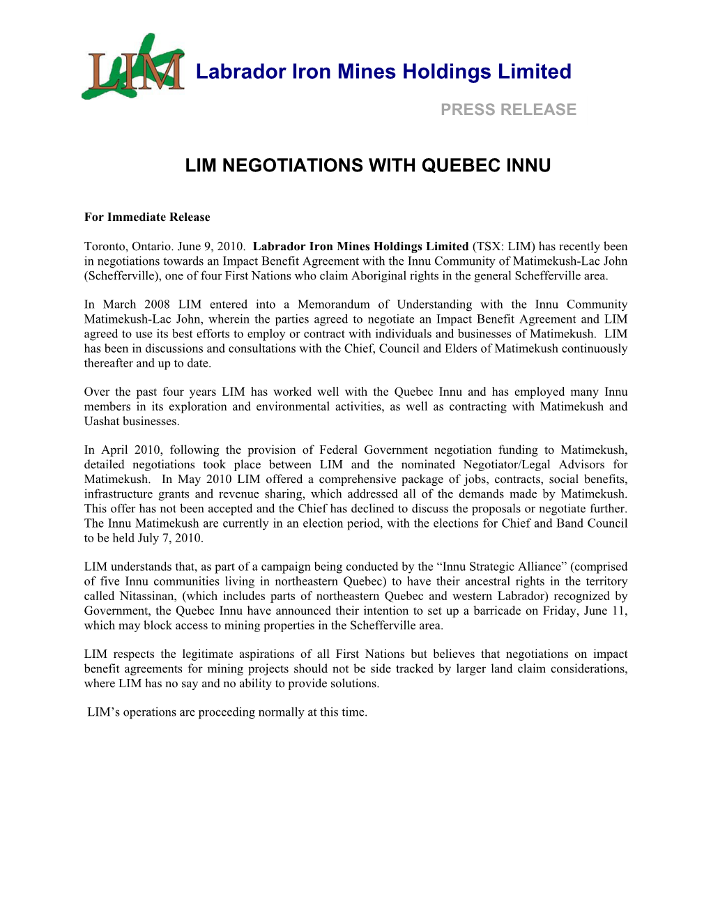 Lim Negotiations with Quebec Innu
