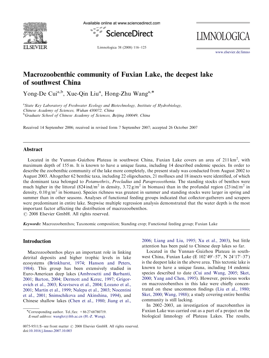 Macrozoobenthic Community of Fuxian Lake, the Deepest Lake Of