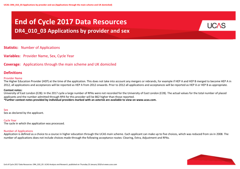 DR4 010 03 Applications by Provider and Sex (Applications Through the Main Scheme and UK Domiciled)