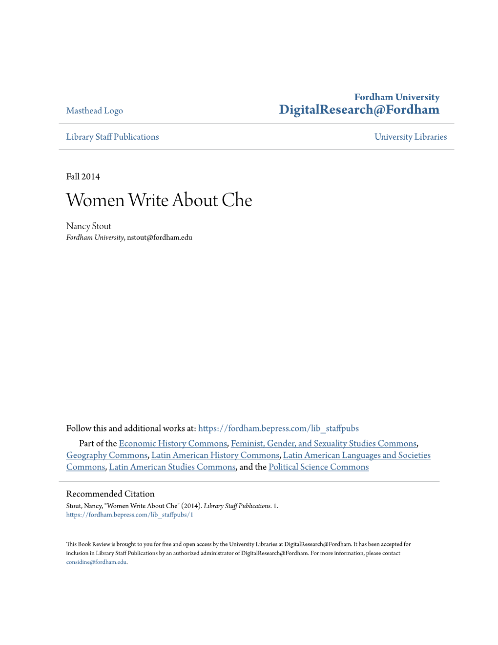 Women Write About Che Nancy Stout Fordham University, Nstout@Fordham.Edu