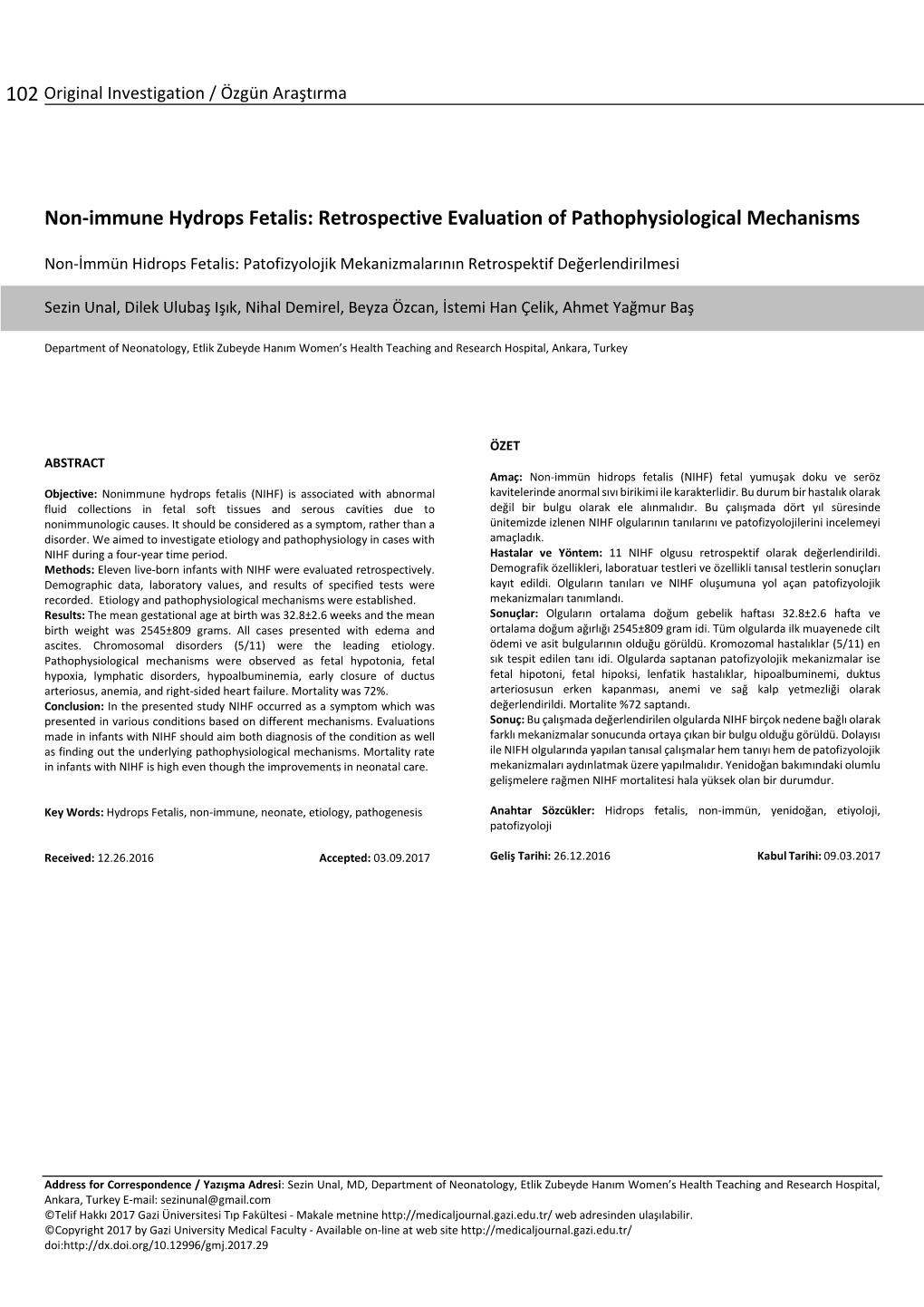 Non-Immune Hydrops Fetalis: Retrospective Evaluation of Pathophysiological Mechanisms