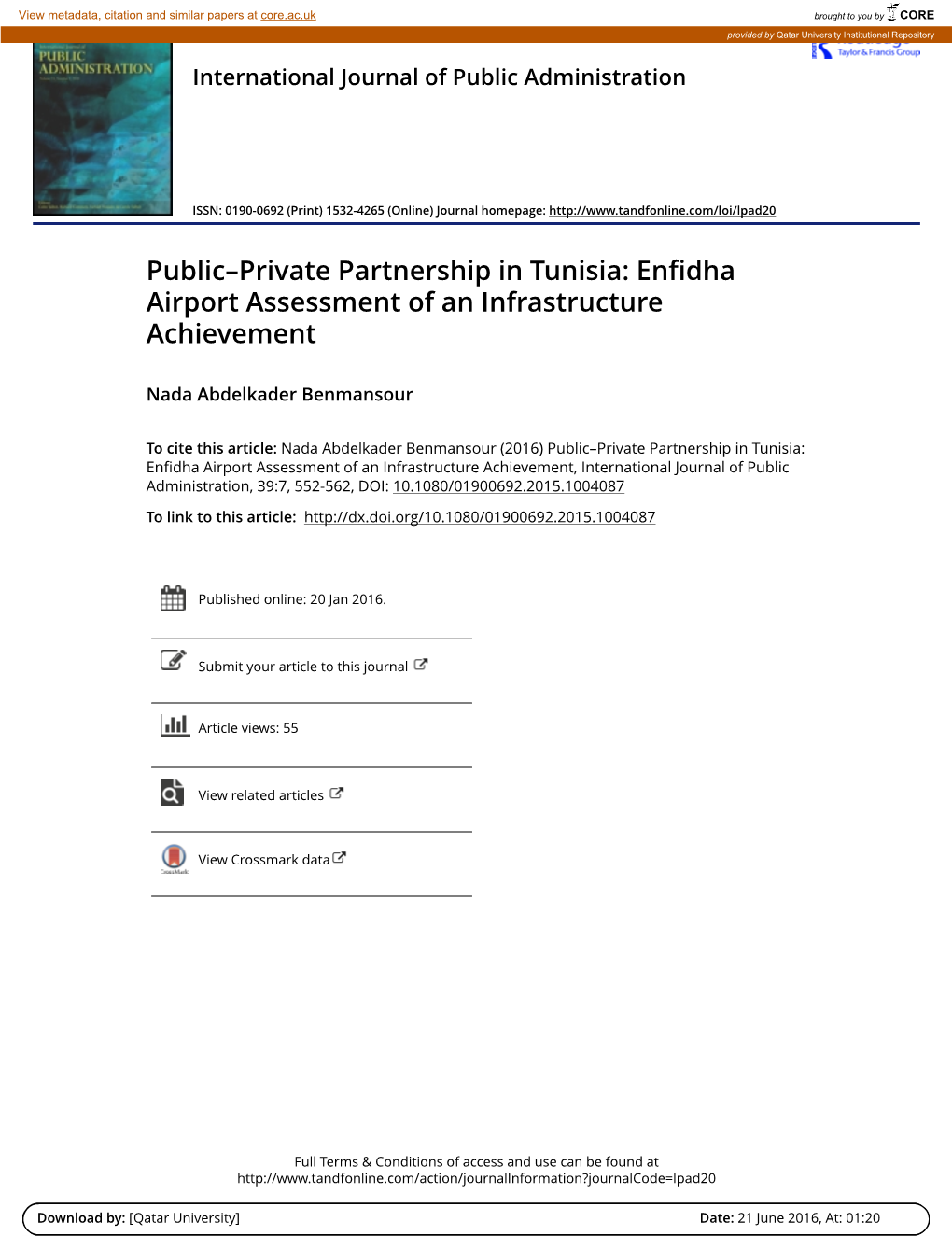 Public–Private Partnership in Tunisia: Enfidha Airport Assessment of an Infrastructure Achievement