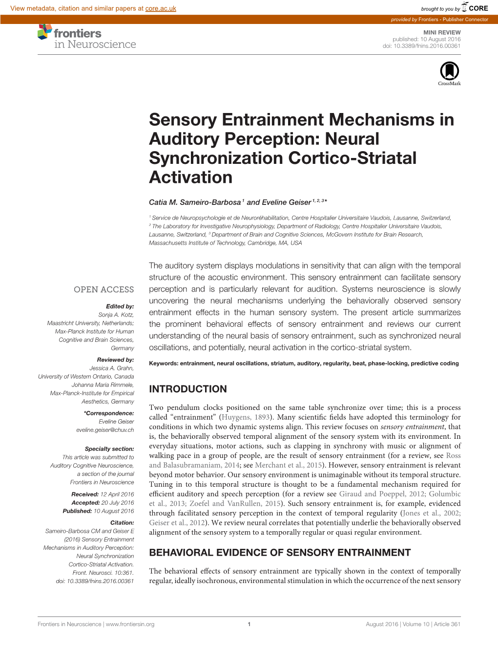 Sensory Entrainment Mechanisms in Auditory Perception: Neural Synchronization Cortico-Striatal Activation