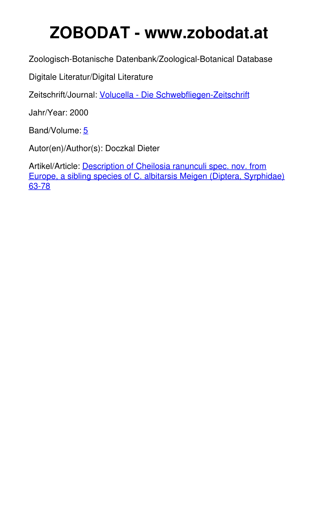 Description of Cheilosia Ranunculi Spec. Nov. from Europe, a Sibling Species of C