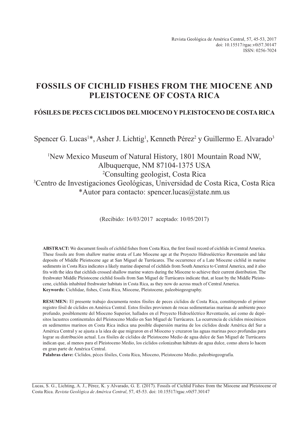 Fossils of Cichlid Fishes from the Miocene and Pleistocene of Costa Rica