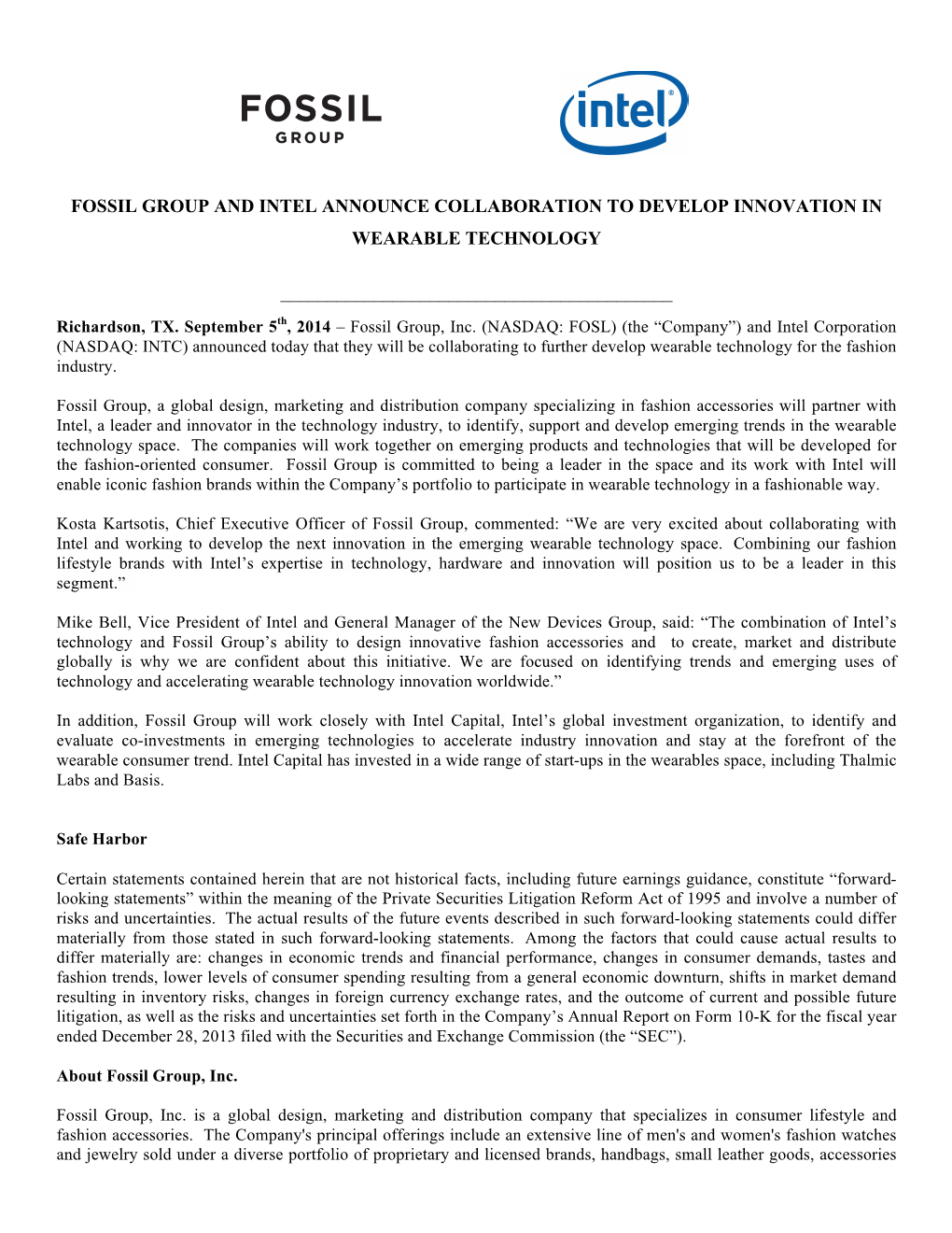 Fossil Group and Intel Announce Collaboration to Develop Innovation in Wearable Technology