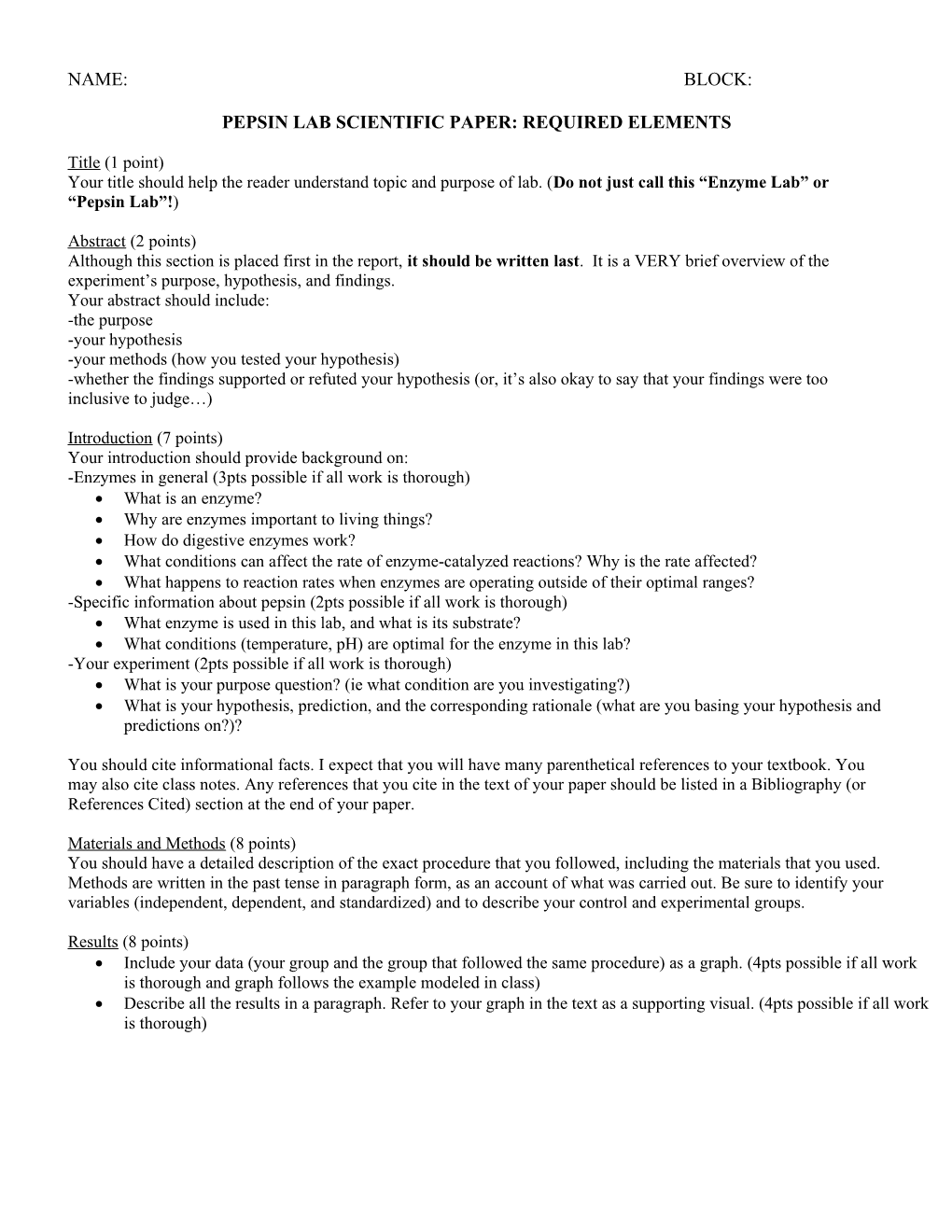 Pepsin Lab Scientific Paper: Required Elements