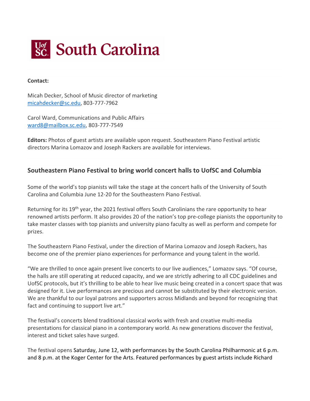 Southeastern Piano Festival to Bring World Concert Halls to Uofsc and Columbia