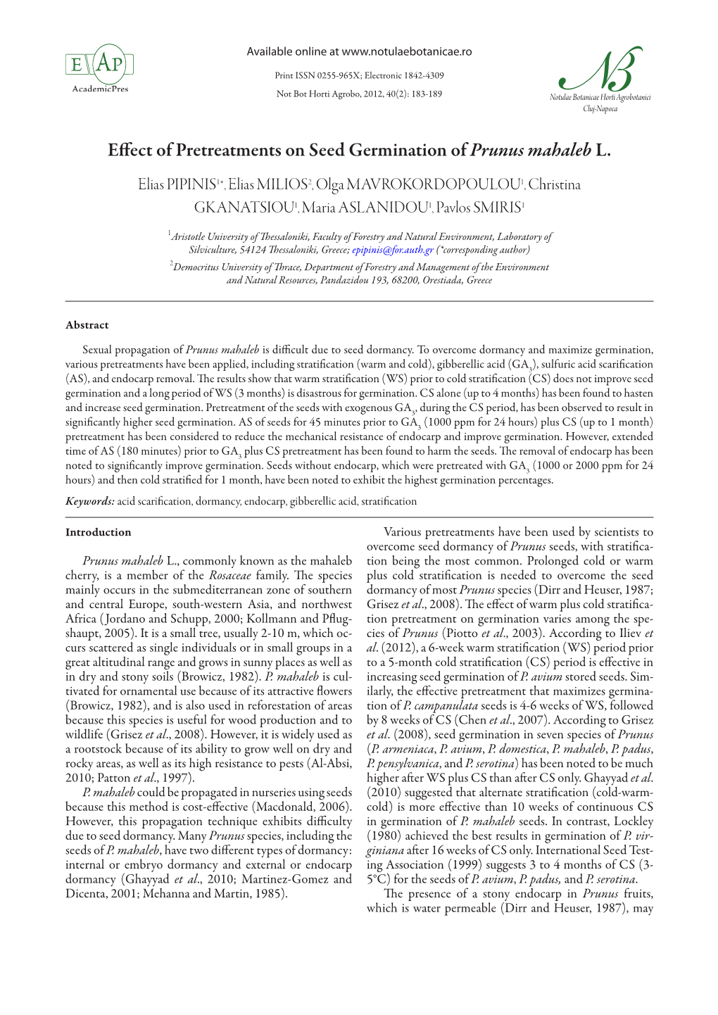 Effect of Pretreatments on Seed Germination of Prunus Mahaleb L