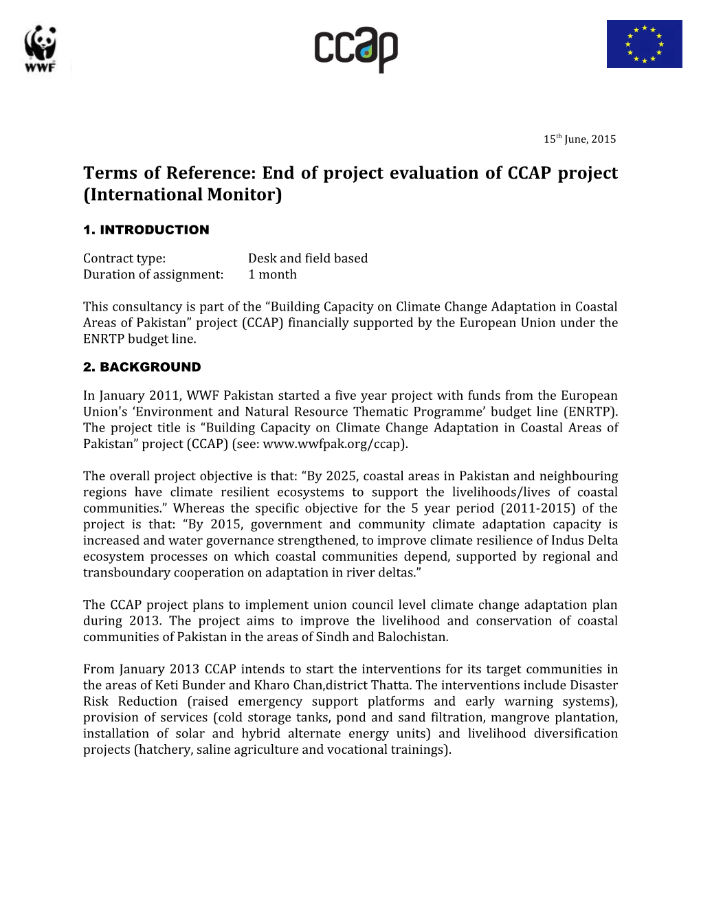 Terms of Reference: End of Project Evaluation of CCAP Project (International Monitor )