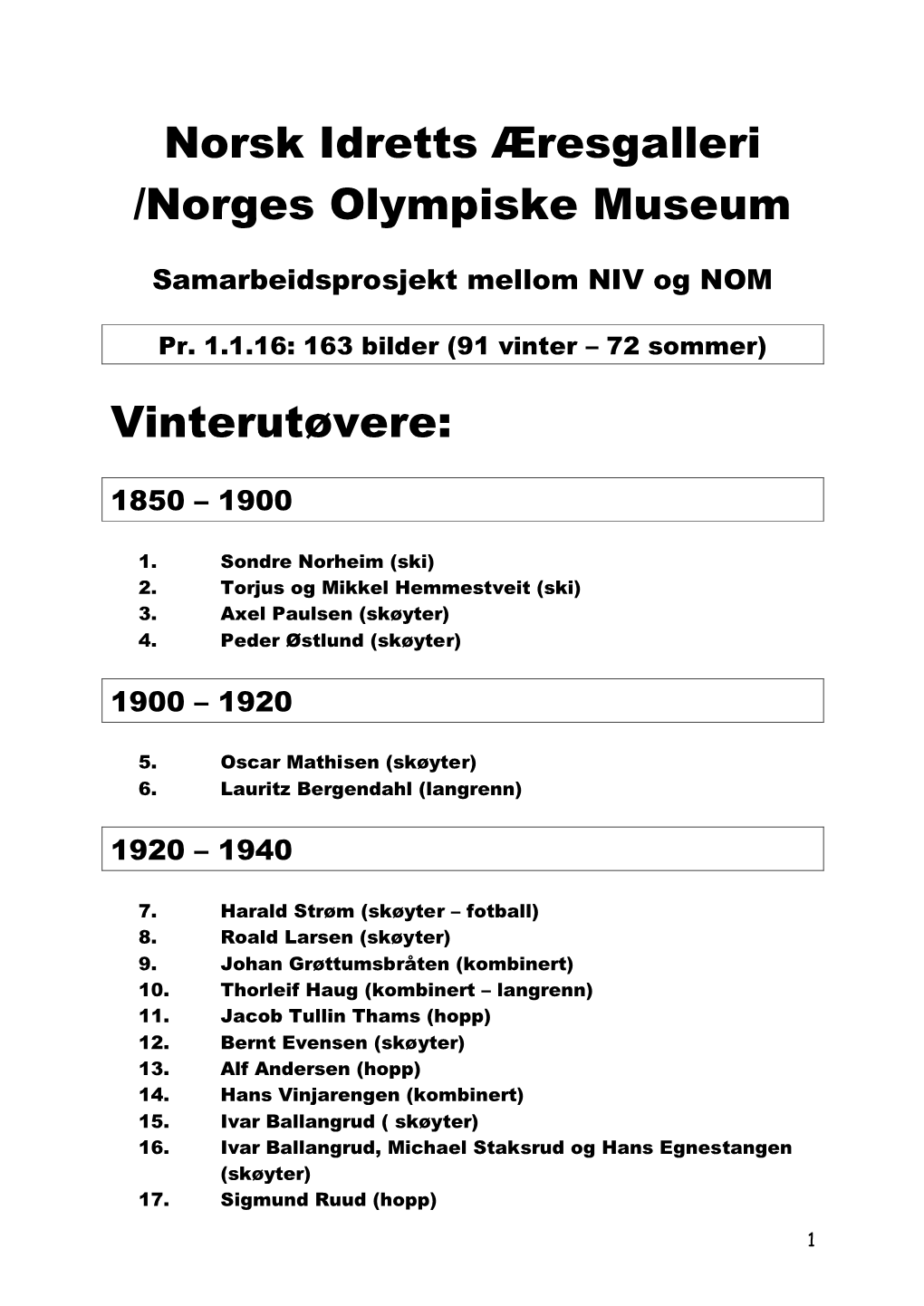 Norsk Idretts Æresgalleri /Norges Olympiske Museum Vinterutøvere