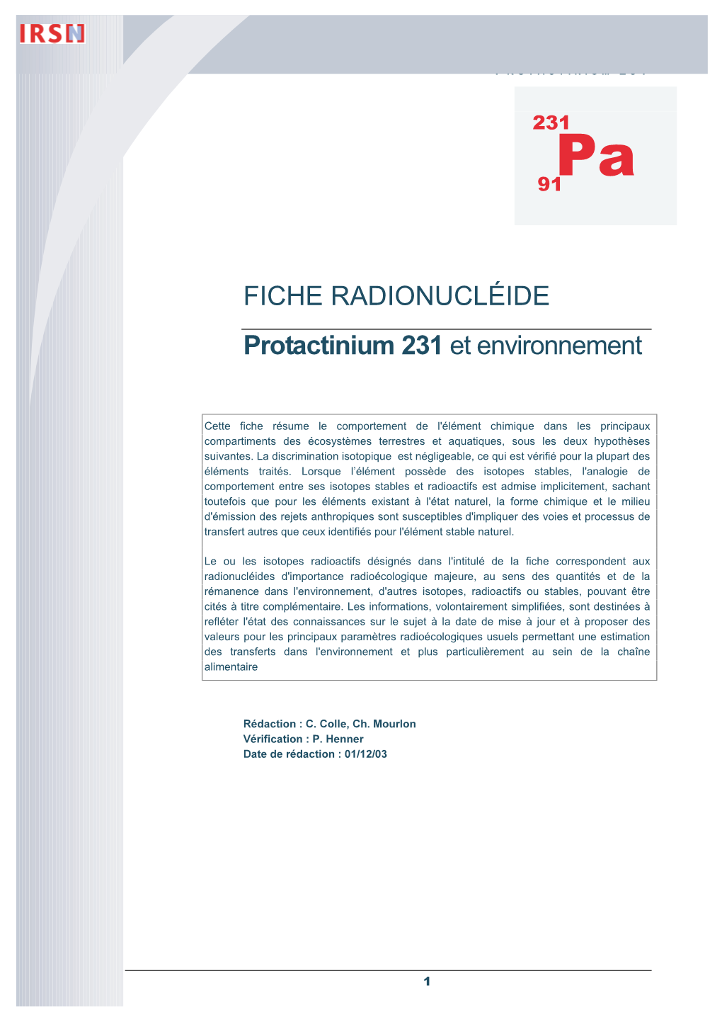 FICHE RADIONUCLÉIDE Protactinium 231 Et Environnement