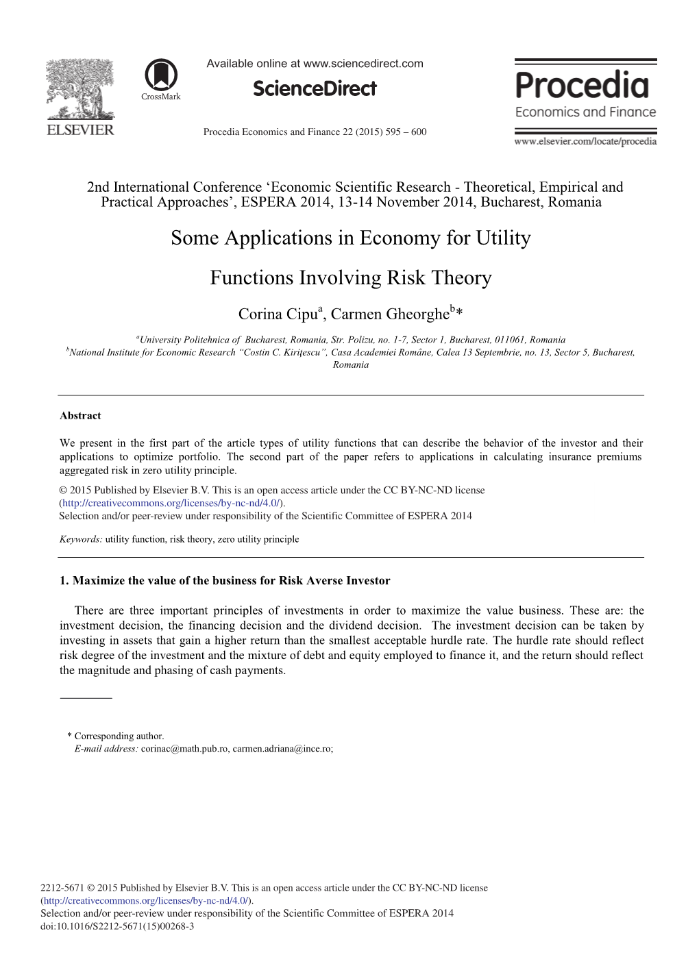 Some Applications in Economy for Utility Functions Involving Risk Theory