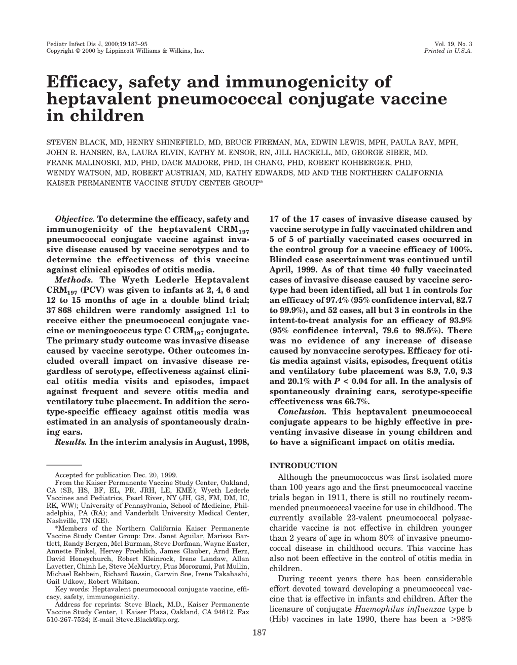 Efficacy, Safety and Immunogenicity of Heptavalent Pneumococcal Conjugate Vaccine in Children