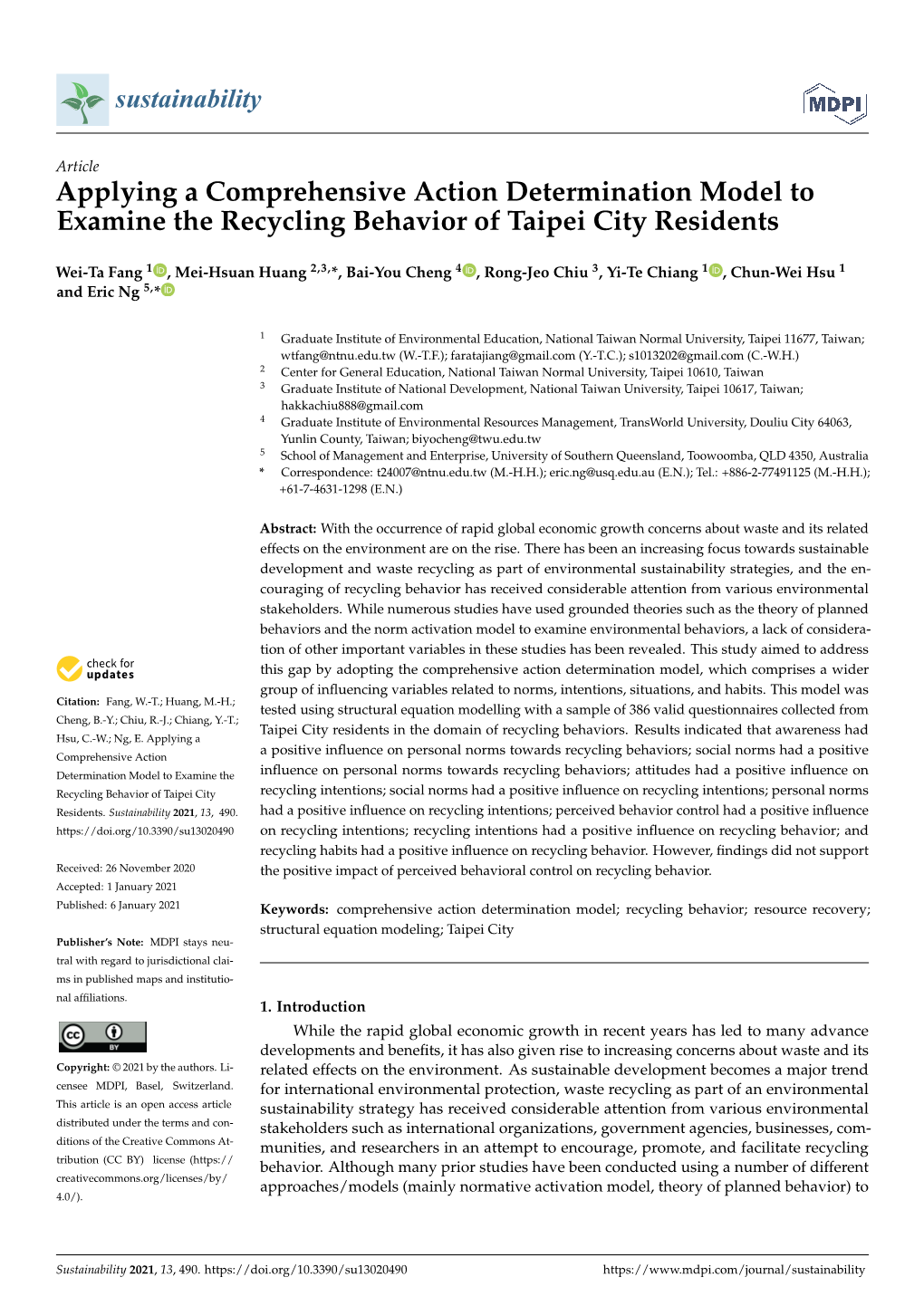 Applying a Comprehensive Action Determination Model to Examine the Recycling Behavior of Taipei City Residents
