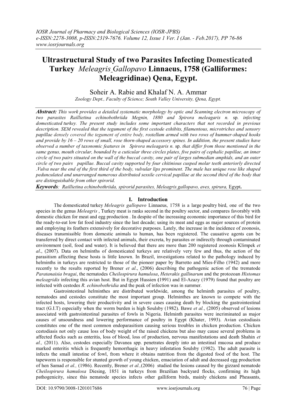 Ultrastructural Study of Two Parasites Infecting Domesticated Turkey Meleagris Gallopavo Linnaeus, 1758 (Galliformes: Meleagridinae) Qena, Egypt