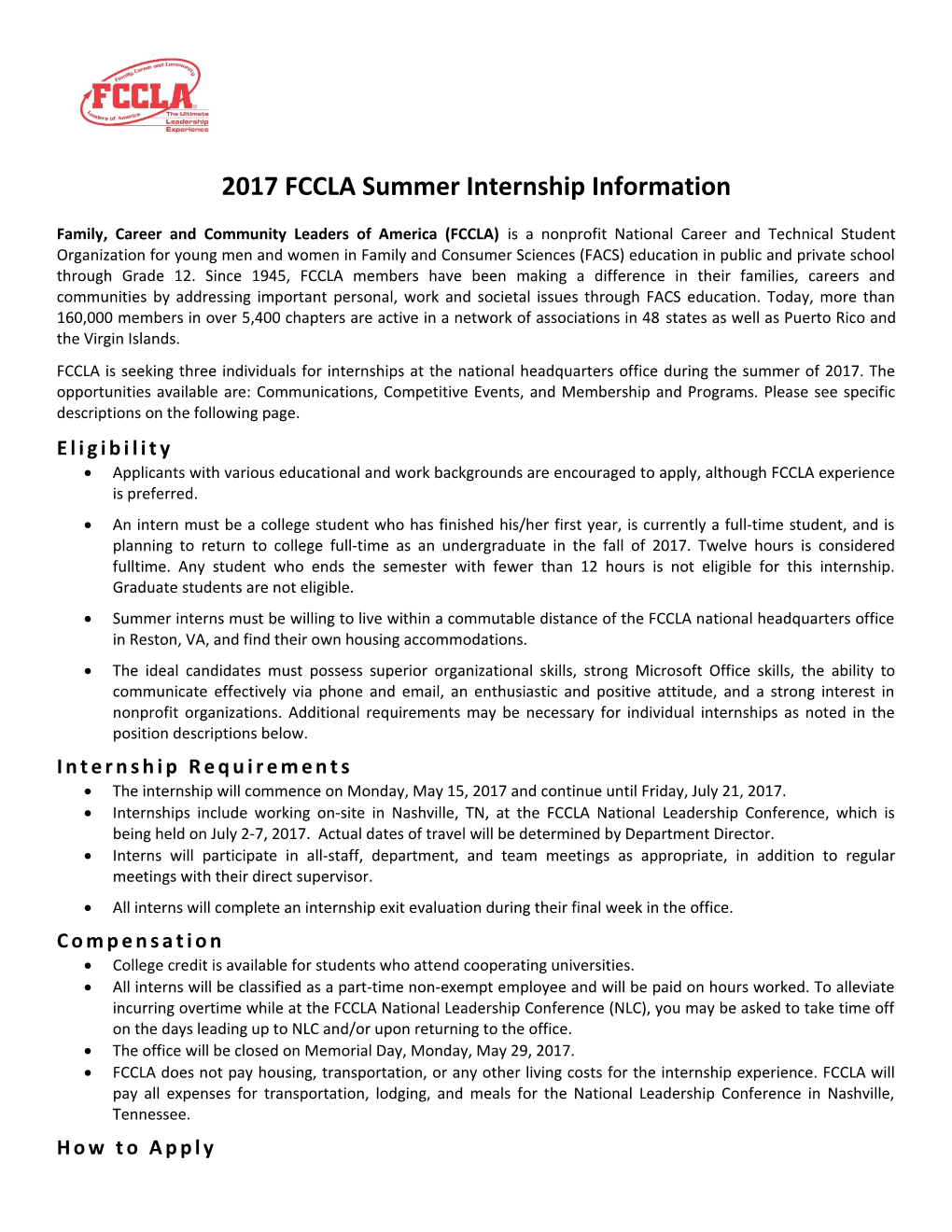 2017 FCCLA Summer Internship Information