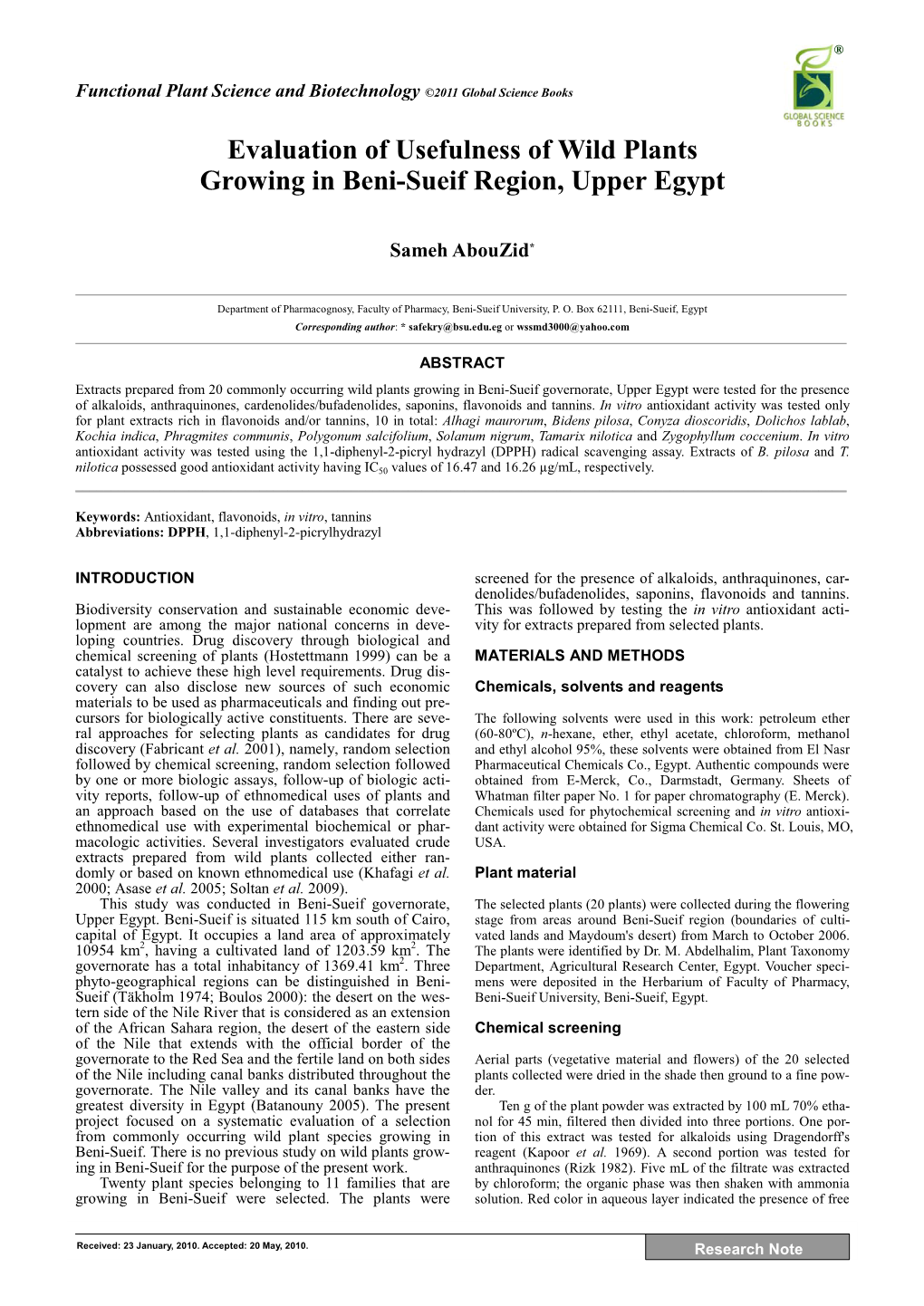 Evaluation of Usefulness of Wild Plants Growing in Beni-Sueif Region, Upper Egypt