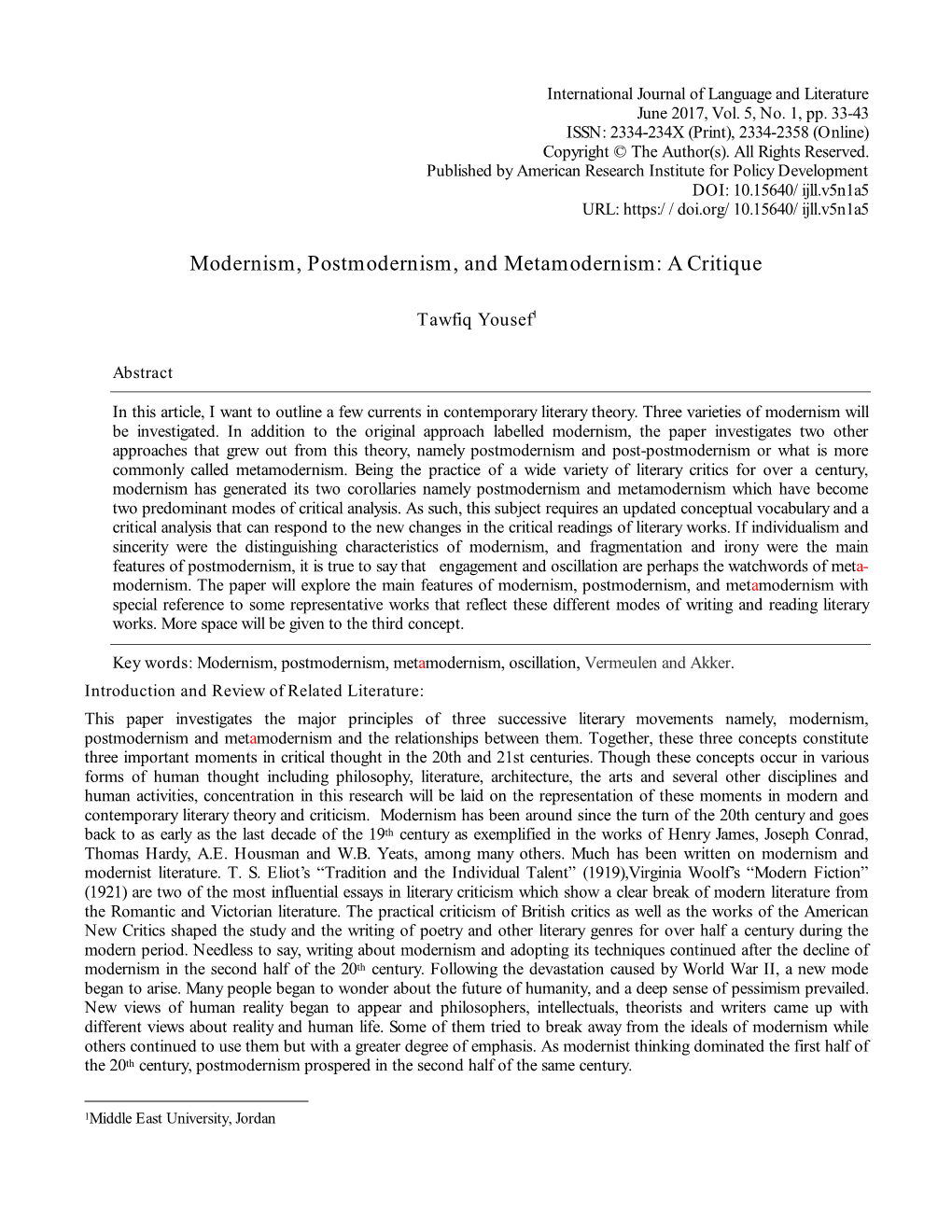 Modernism, Postmodernism, and Metamodernism: a Critique