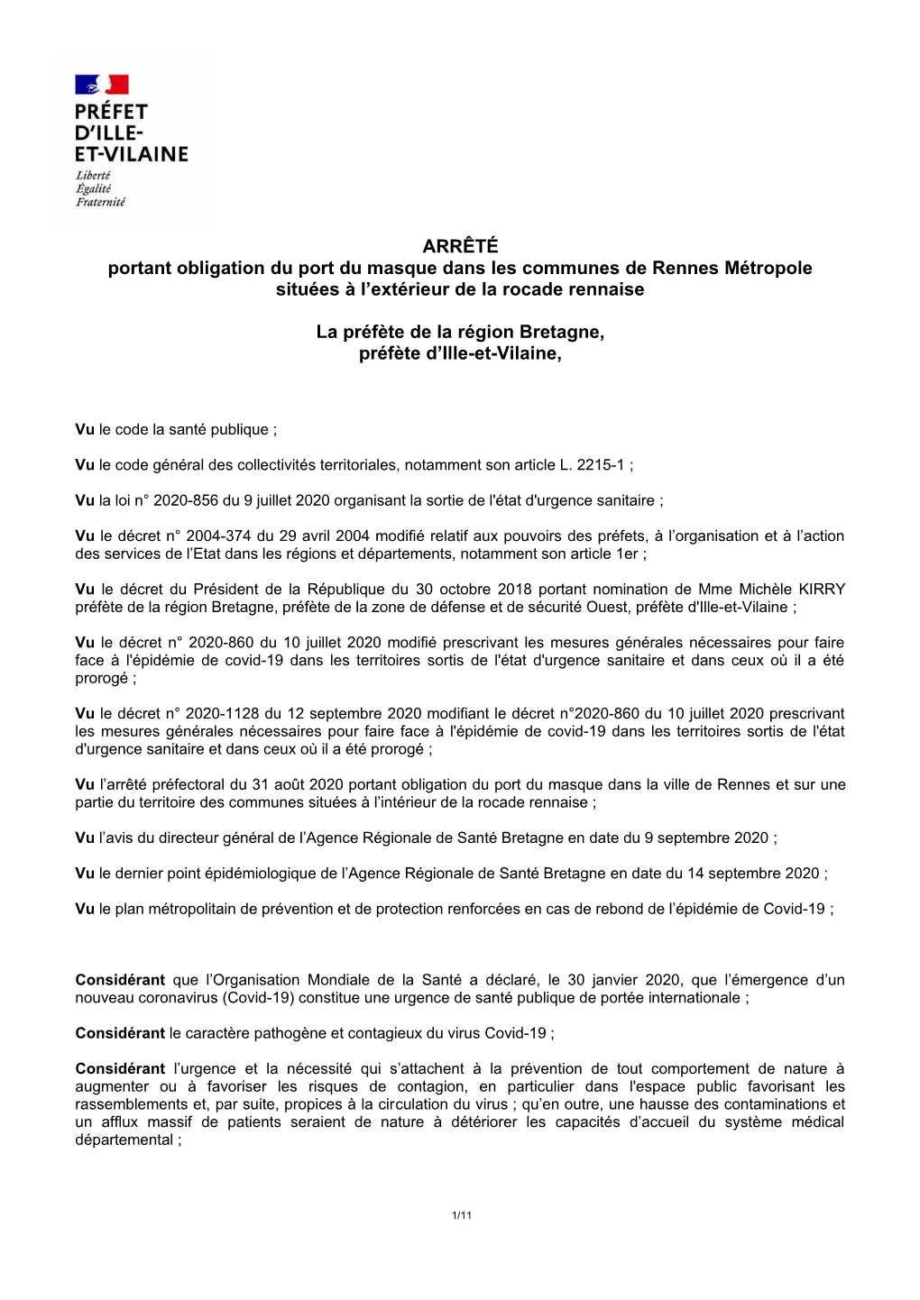 ARRÊTÉ Portant Obligation Du Port Du Masque Dans Les Communes De Rennes Métropole Situées À L’Extérieur De La Rocade Rennaise