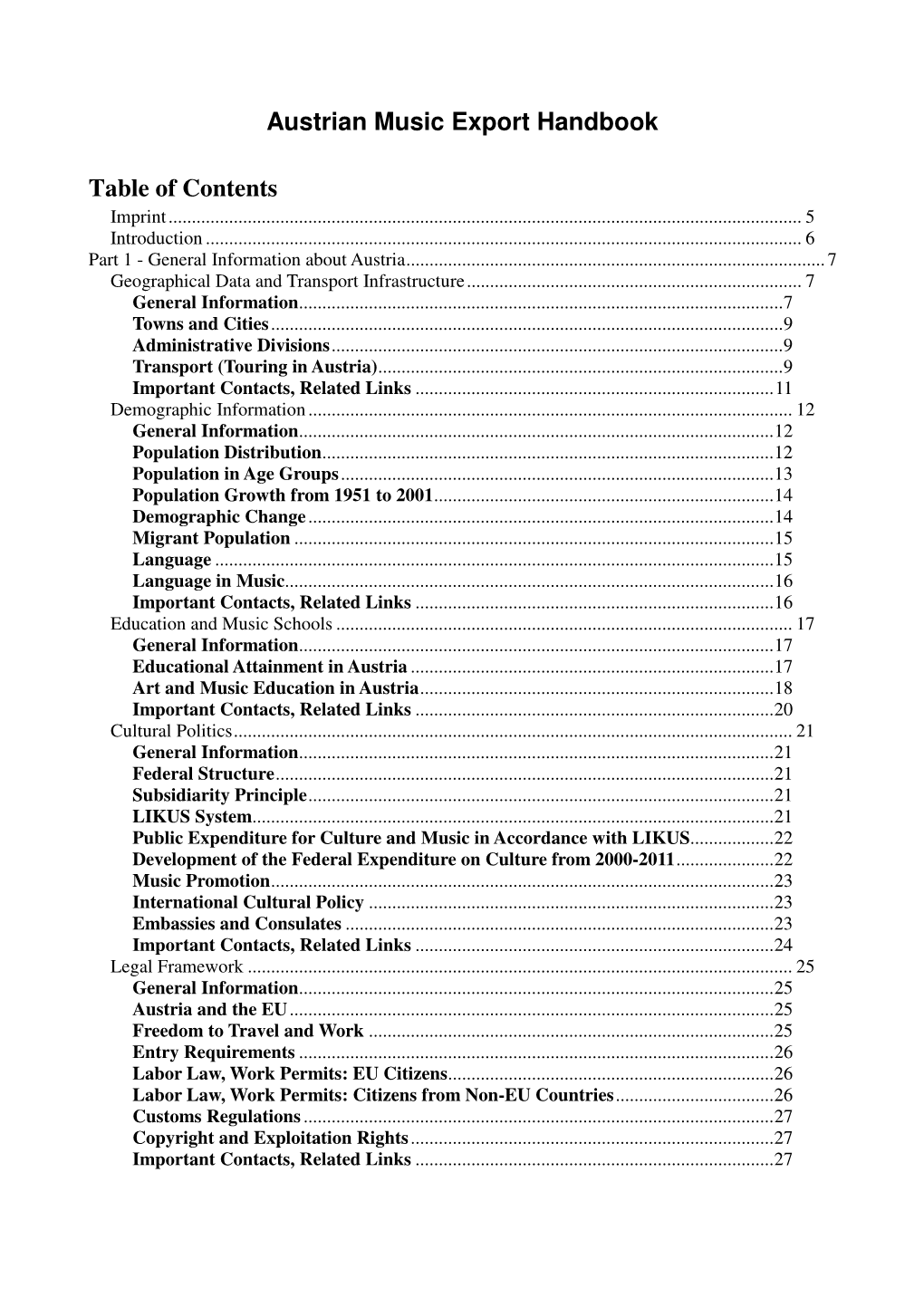 Austrian Music Export Handbook Table of Contents